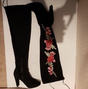 Tall black velvet flower boots
